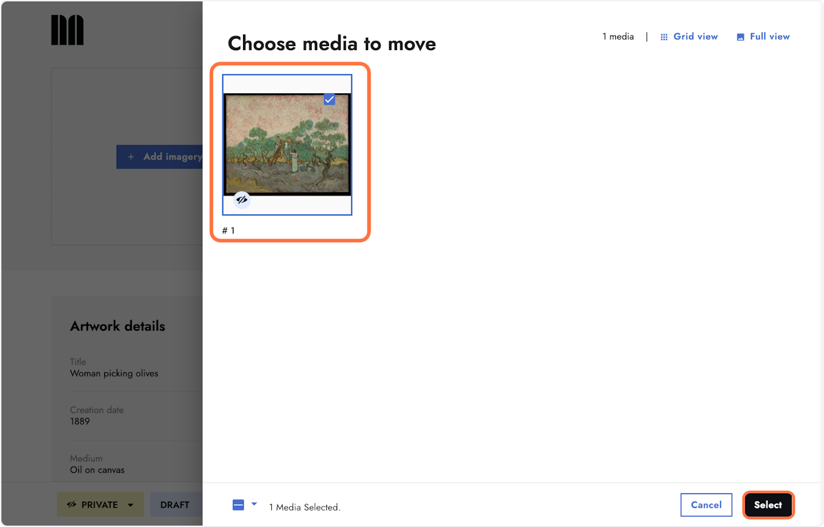 After choosing a resource, select the media and confirm with Select.