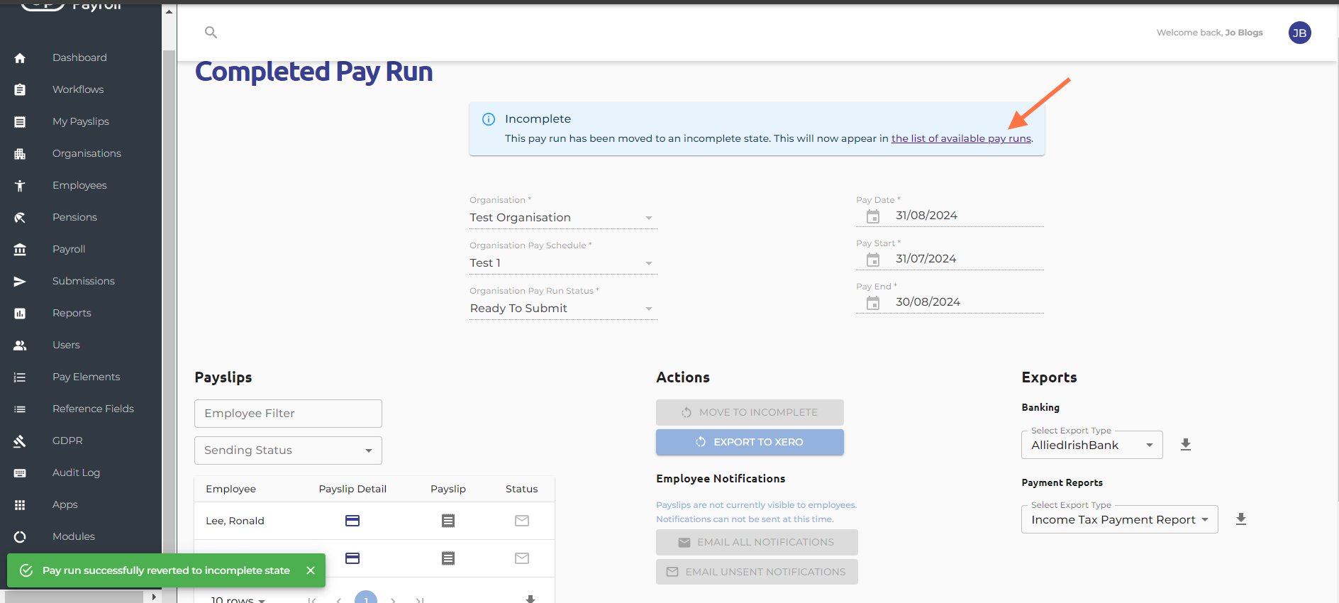 Click on the link to back to the Run payroll screen.