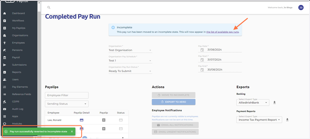Click on the link to back to the Run payroll screen.
