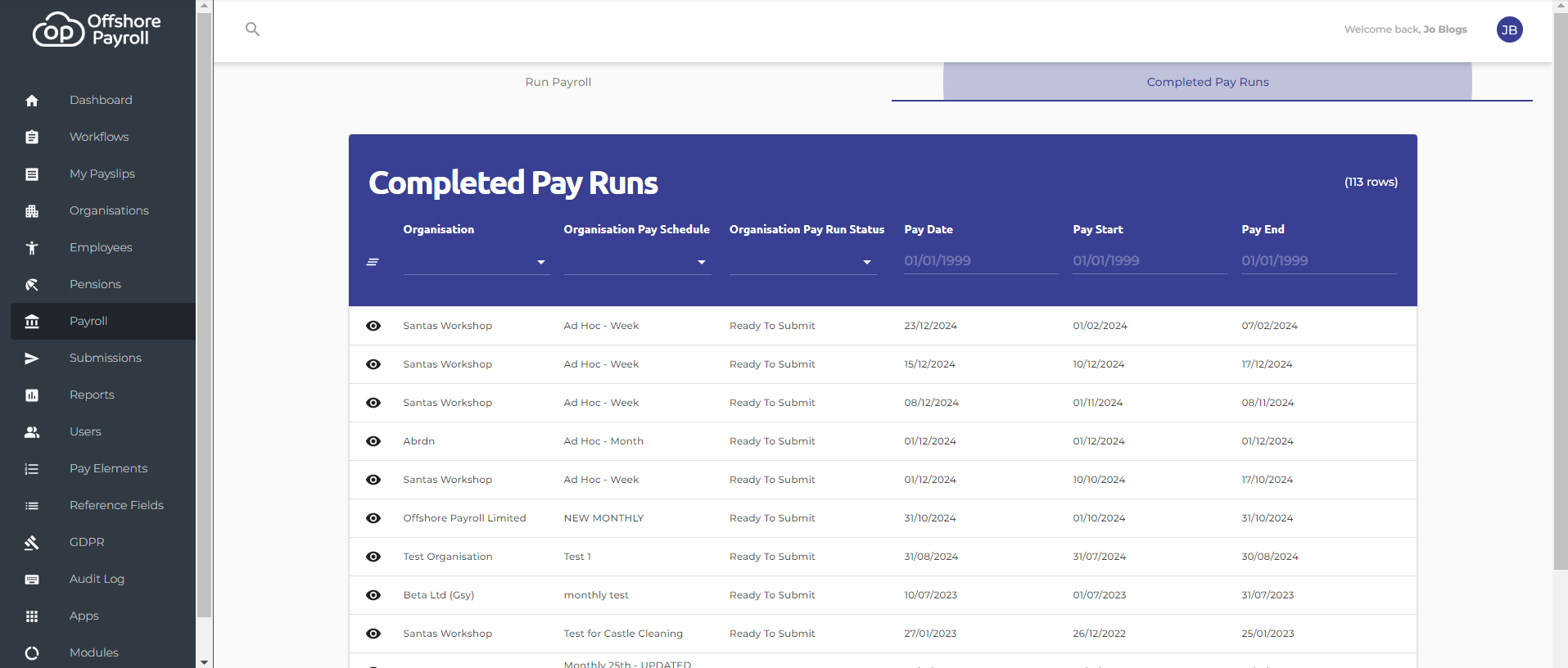 Set any filter below to locate the pay run you require.