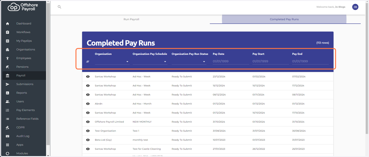 Set any filter below to locate the pay run you require.