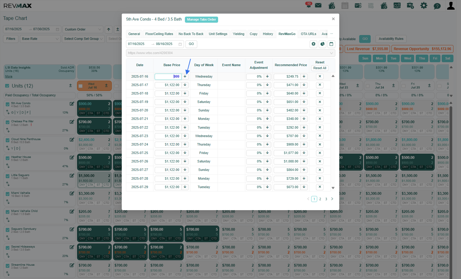 Once you're in the RevMaxGO rate table, enter the desired Base Rate next to the first date. When you're finished, click the 'Arrow Down' button to apply the changes.