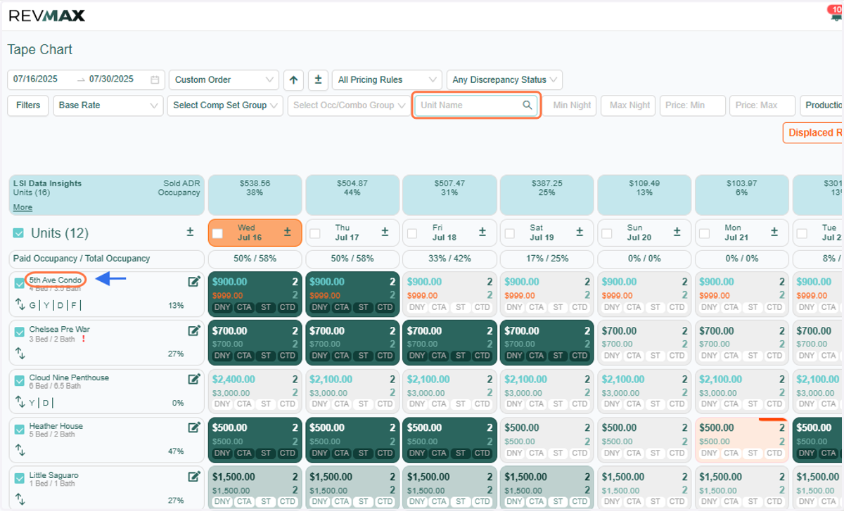 You can either filter to find the specific unit you want to update or click directly on the unit label within the Tape Chart to access its unit-level settings.