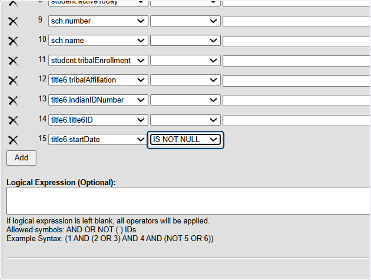 Locate title6.startDate and choose the Operator IS NOT NULL to return all students that have a Title VI program.