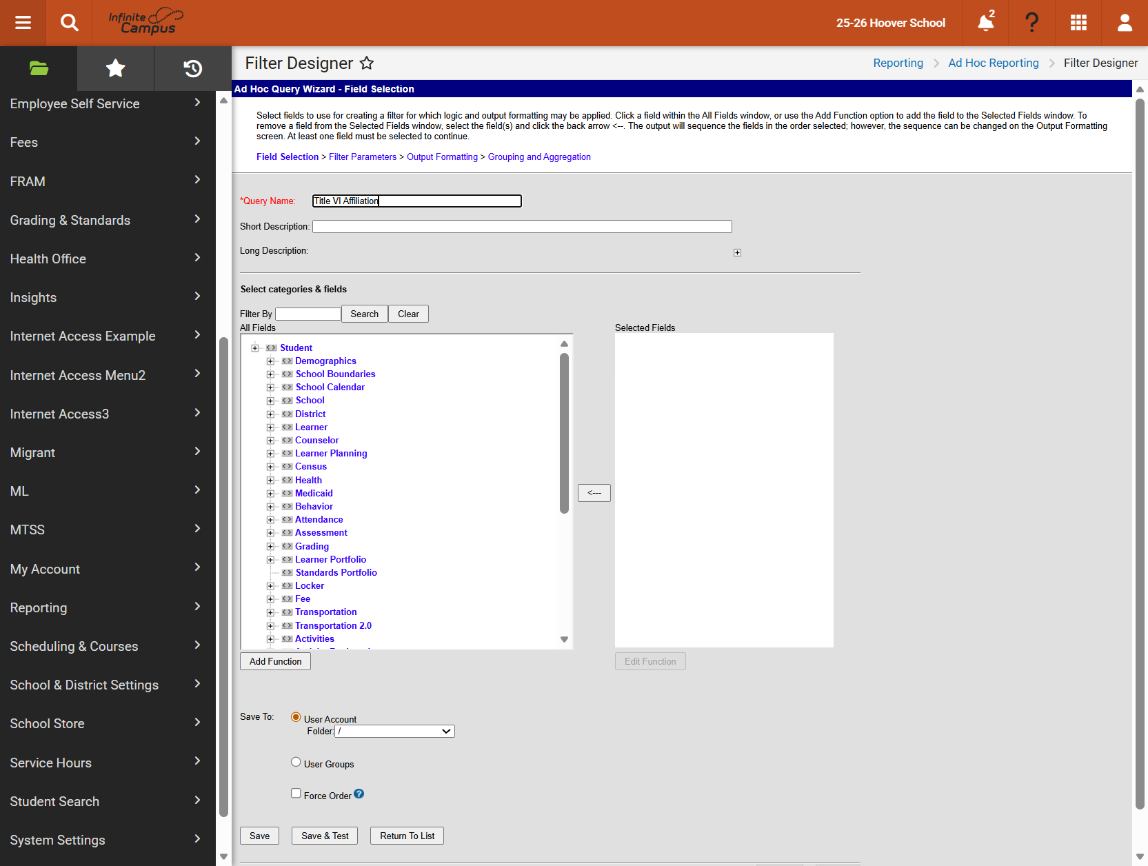 Add a Query Name. In the example "Title VI Affiliation" was used.