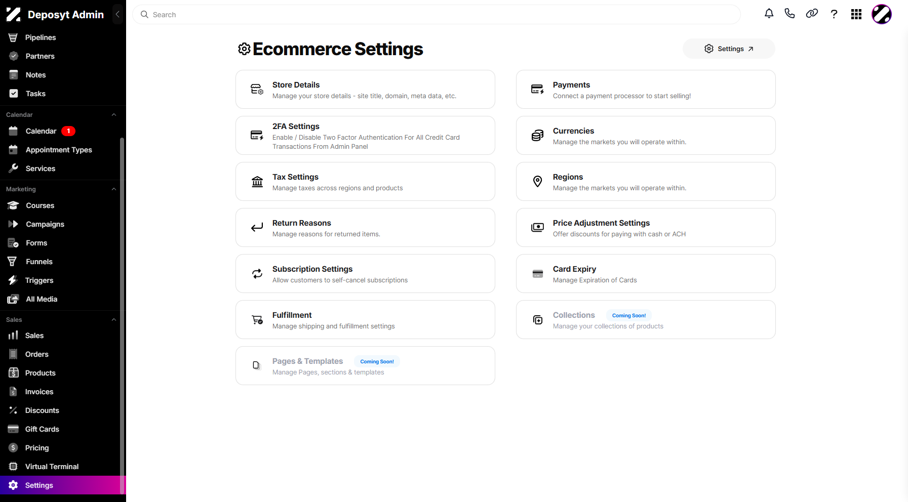 Step 2: Click on the Settings tab under the Sales section to navigate.