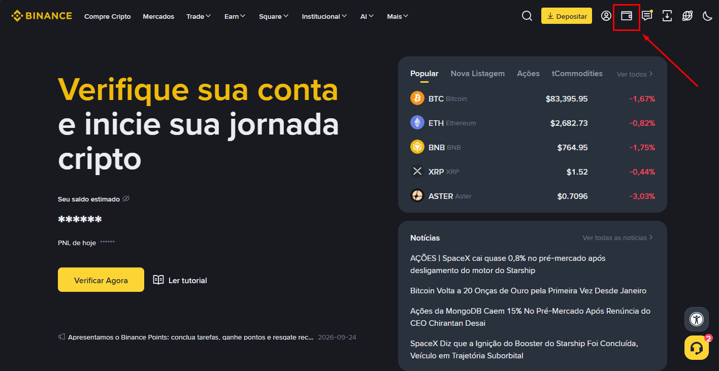 Clique no ícone de carteira, no canto superior direito