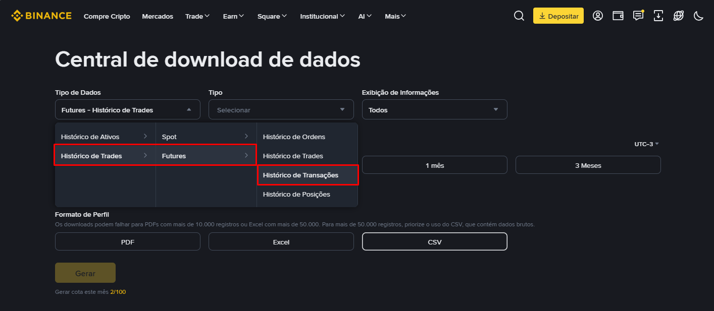 Relatório 9 de 10 – "Futures - Histórico de Transações": em Tipo de Dados, selecione Histórico de Trades > Futures > "Histórico de Transações". Em Tipo, escolha o tipo de Futures que você opera (USDⓈ-M ou COIN-M). Depois: Personalizar → escolha as da