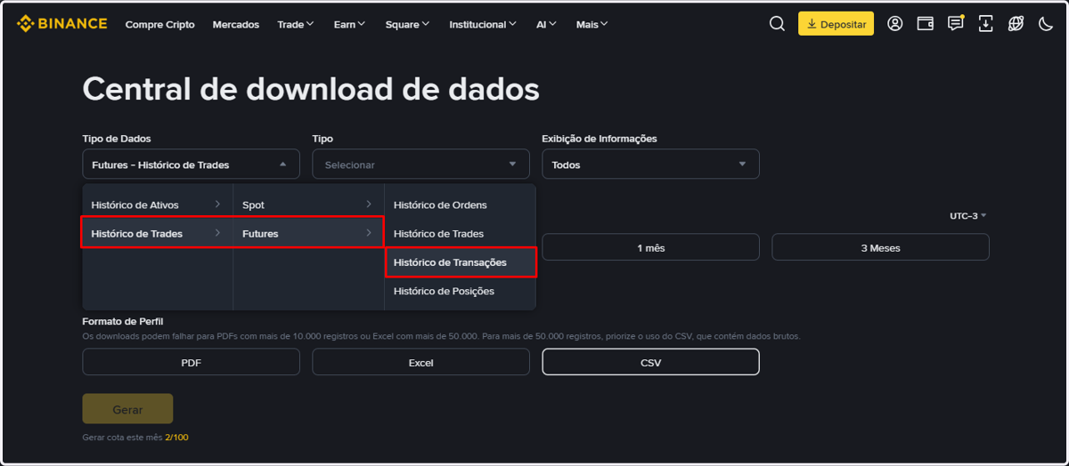 Relatório 9 de 10 – "Futures - Histórico de Transações": em Tipo de Dados, selecione Histórico de Trades > Futures > "Histórico de Transações". Em Tipo, escolha o tipo de Futures que você opera (USDⓈ-M ou COIN-M). Depois: Personalizar → escolha as da