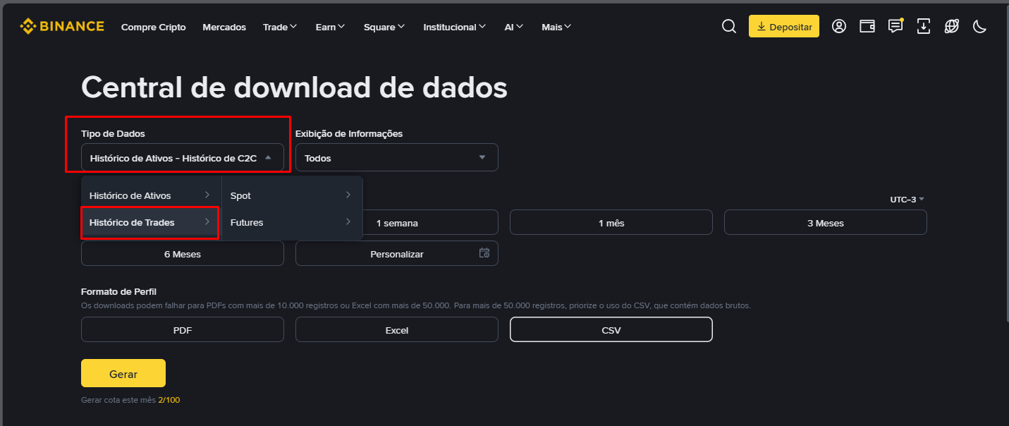 Em Tipo de Dados, passe o mouse em Histórico de Trades e depois em Spot