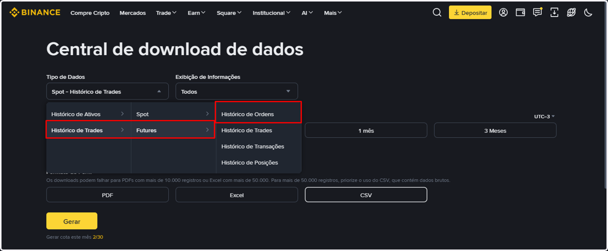 Relatório 7 de 10 – "Futures - Histórico de Ordens": em Tipo de Dados, passe o mouse em Histórico de Trades > Futures e clique em "Histórico de Ordens". Em Tipo, escolha o tipo de Futures que você opera (USDⓈ-M ou COIN-M). Depois: Personalizar → esco
