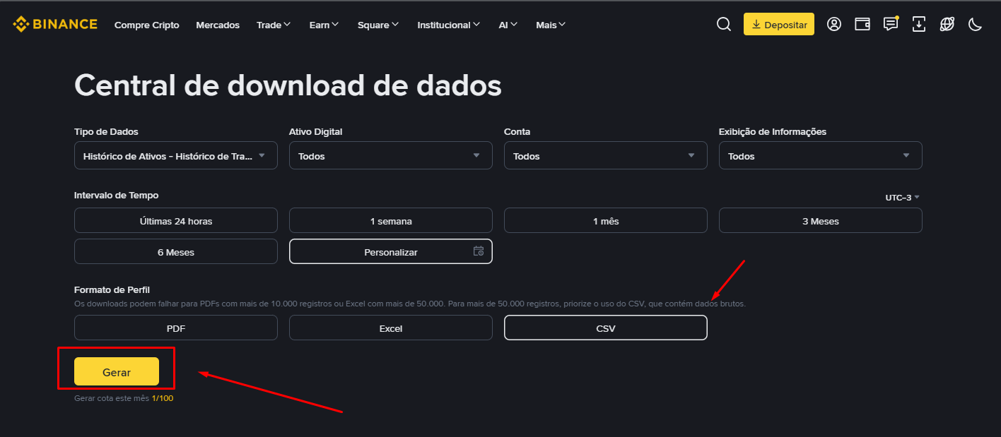 Em Formato de Perfil, selecione CSV e clique em Gerar