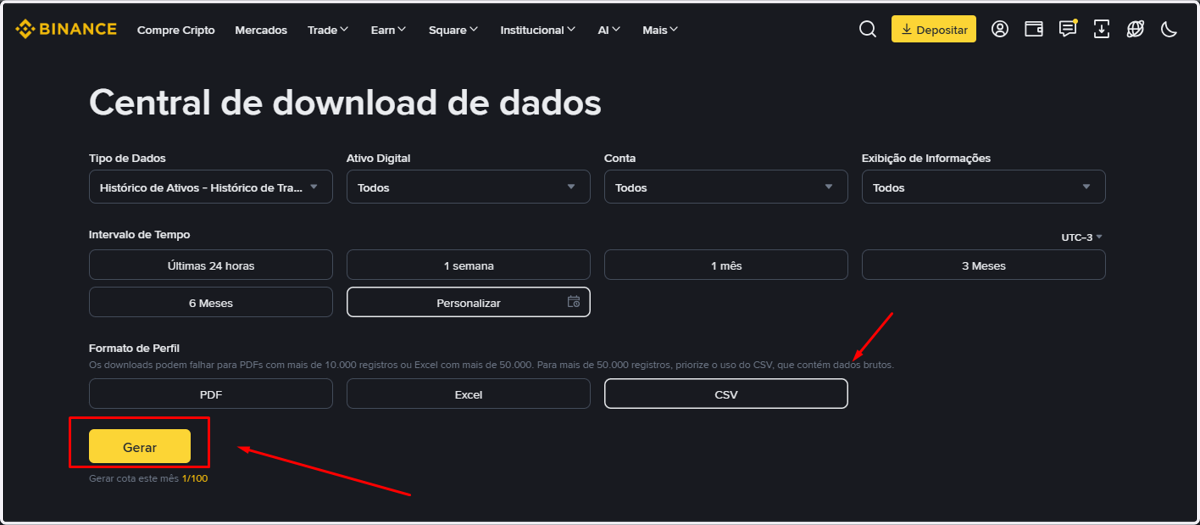 Em Formato de Perfil, selecione CSV e clique em Gerar