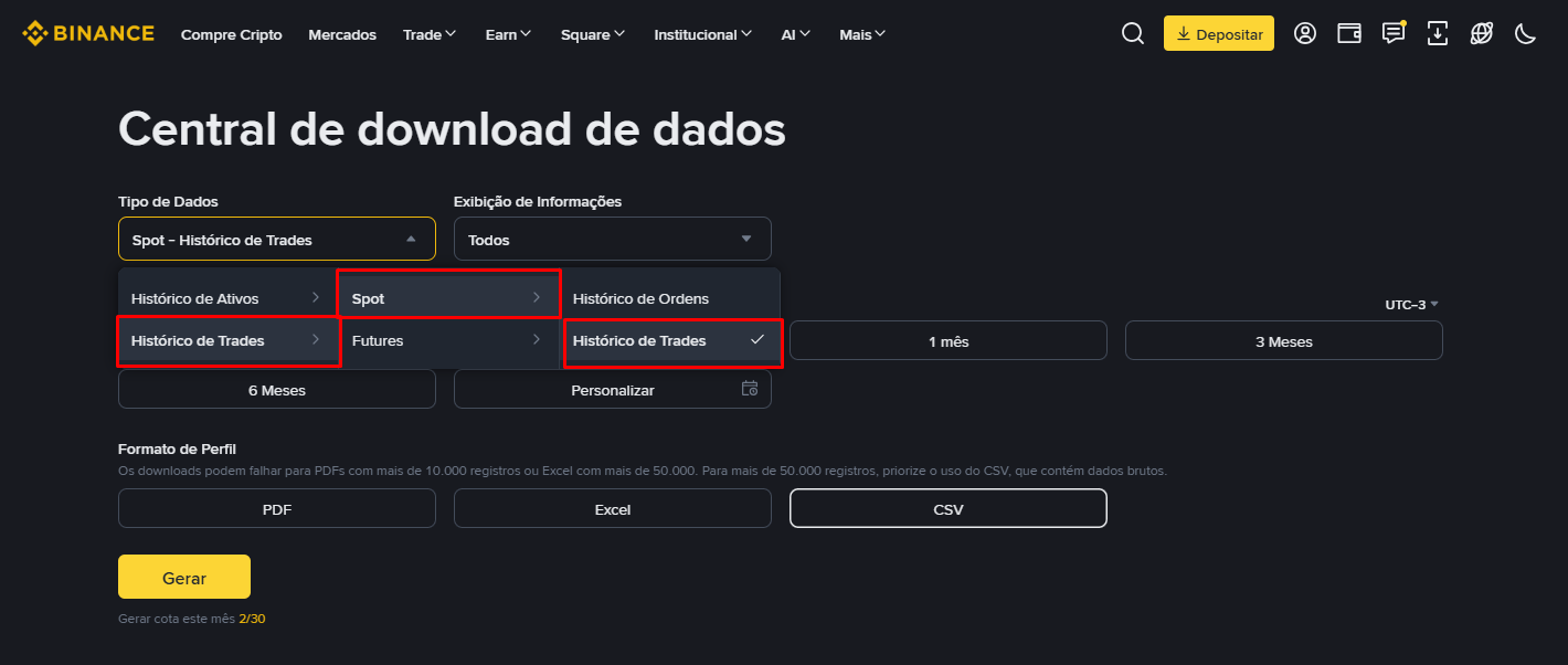 Relatório 6 de 10 – "Spot - Histórico de Trades": clique em "Histórico de Trades". Depois: Personalizar → escolha as datas no calendário → Confirmar → CSV → Gerar