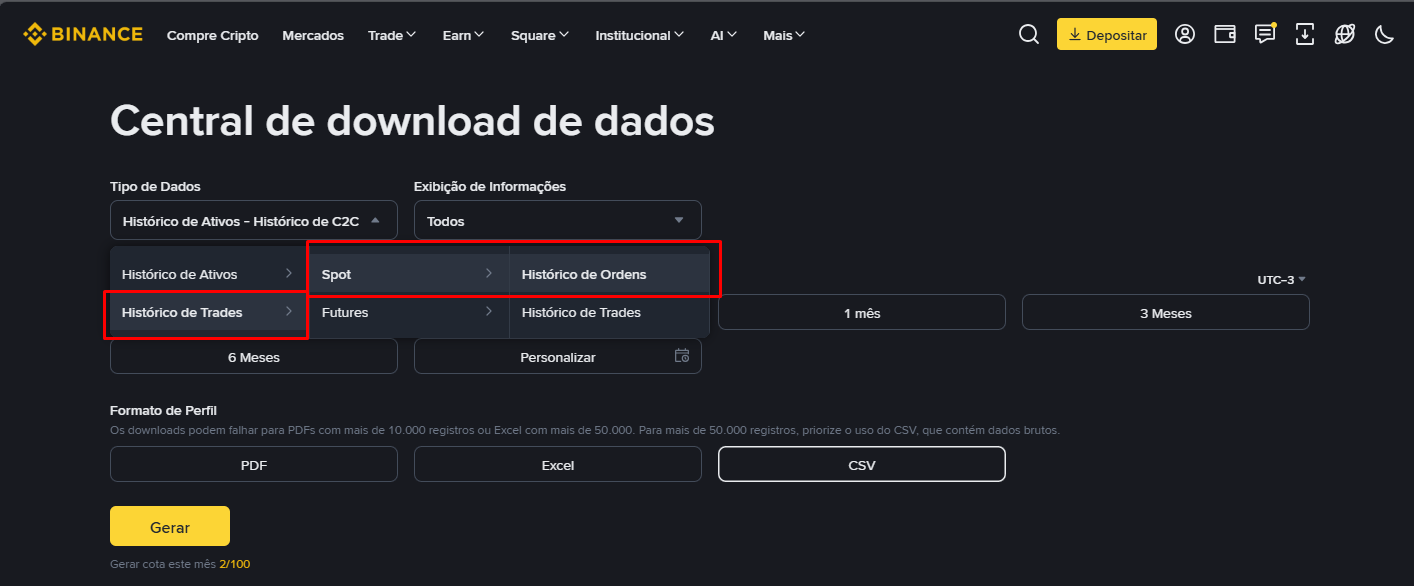 Relatório 5 de 10 – "Spot - Histórico de Ordens": clique em "Histórico de Ordens". Depois: Personalizar → escolha as datas no calendário → Confirmar → CSV → Gerar