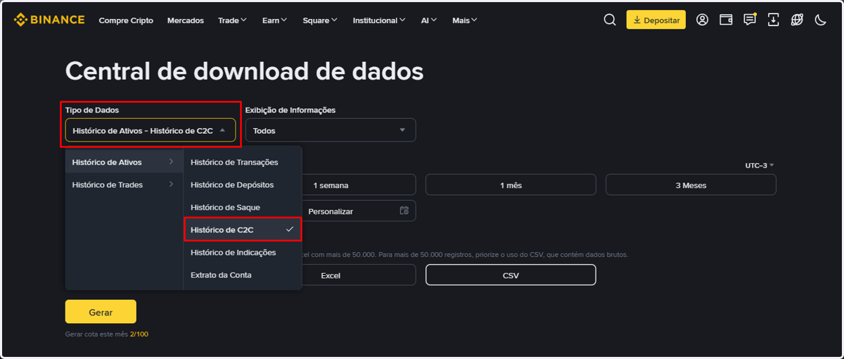 Relatório 4 de 10 – "Histórico de C2C" (compras e vendas P2P): em Tipo de Dados, selecione Histórico de Ativos > "Histórico de C2C". Depois: Personalizar → escolha as datas no calendário → Confirmar → CSV → Gerar
