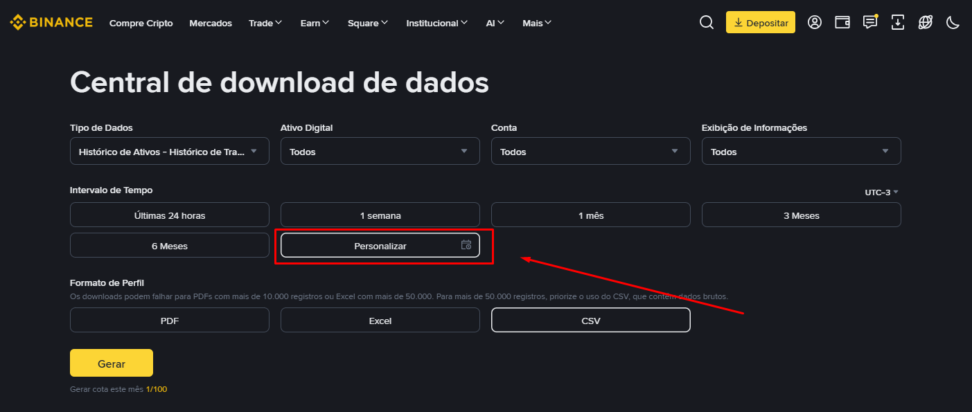 Em Intervalo de Tempo, clique em Personalizar