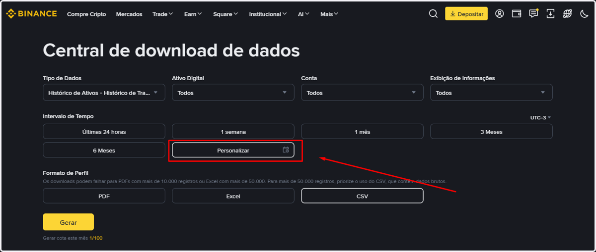 Em Intervalo de Tempo, clique em Personalizar