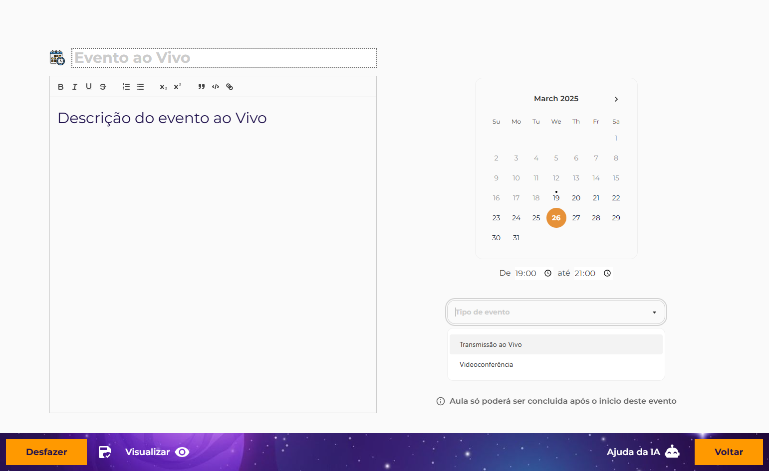 Selecione Transmissão ao Vivo ou Videoconferência