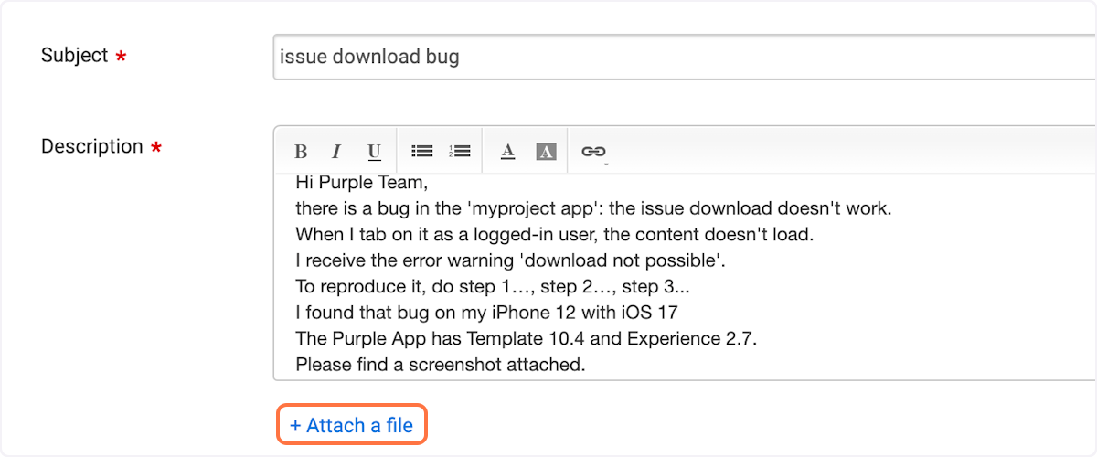 Click on 'Attach a file' and upload e.g. a screenshot of the bug you found 