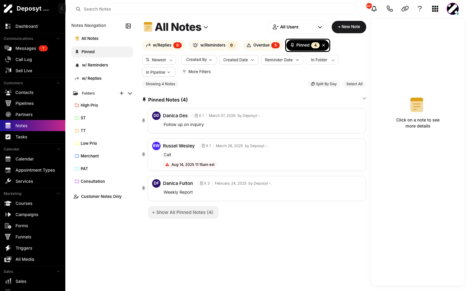 Step 3: Alternatively, you can click the ‘Pinned’ button next to the ‘Overdue’ button to filter all pinned notes.