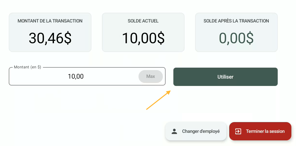 Pour débiter le montant de la carte et cliquez sur "Utiliser". Le montant sera automatiquement retiré du solde de la carte.