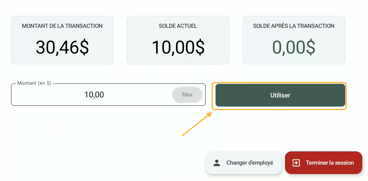 Pour débiter le montant de la carte et cliquez sur "Utiliser". Le montant sera automatiquement retiré du solde de la carte.
