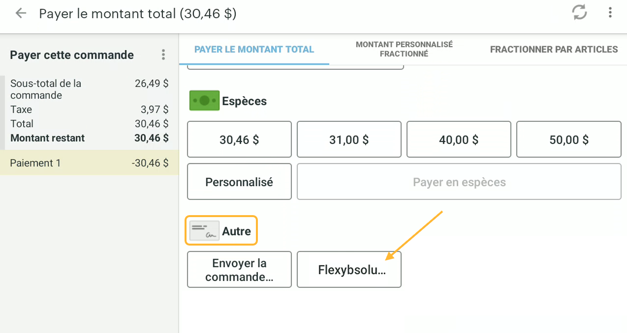 Pour débiter le montant de la facture avec une carte-cadeau, dirigez vous à la section "Autre" et cliquez sur "Flexybsolutions"