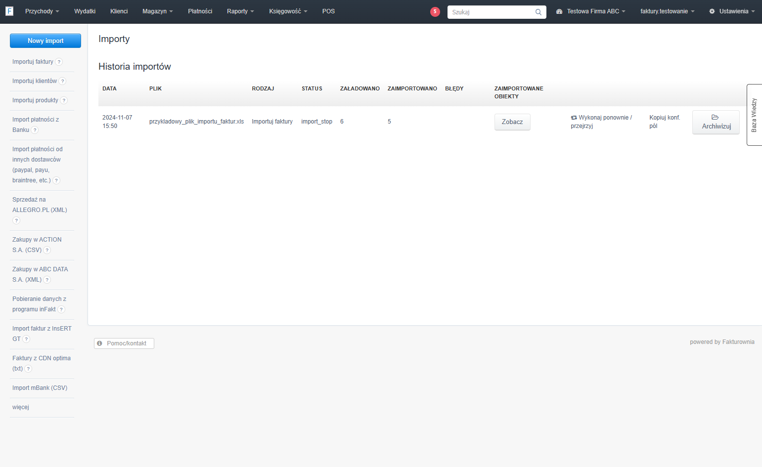 Na liście z historią importów pojawi się podsumowanie, gdzie możesz sprawdzić ilość wierszy załadowanych, zaimportowanych oraz ewentualnych błędów.