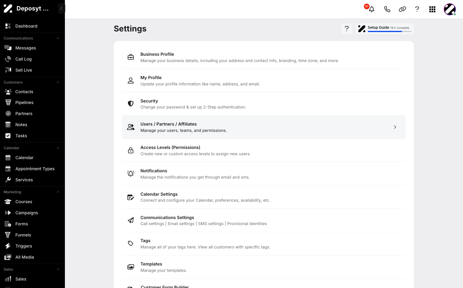 Step 3: You will then be navigated to the Settings page. Click on Users / Partners / Affiliates