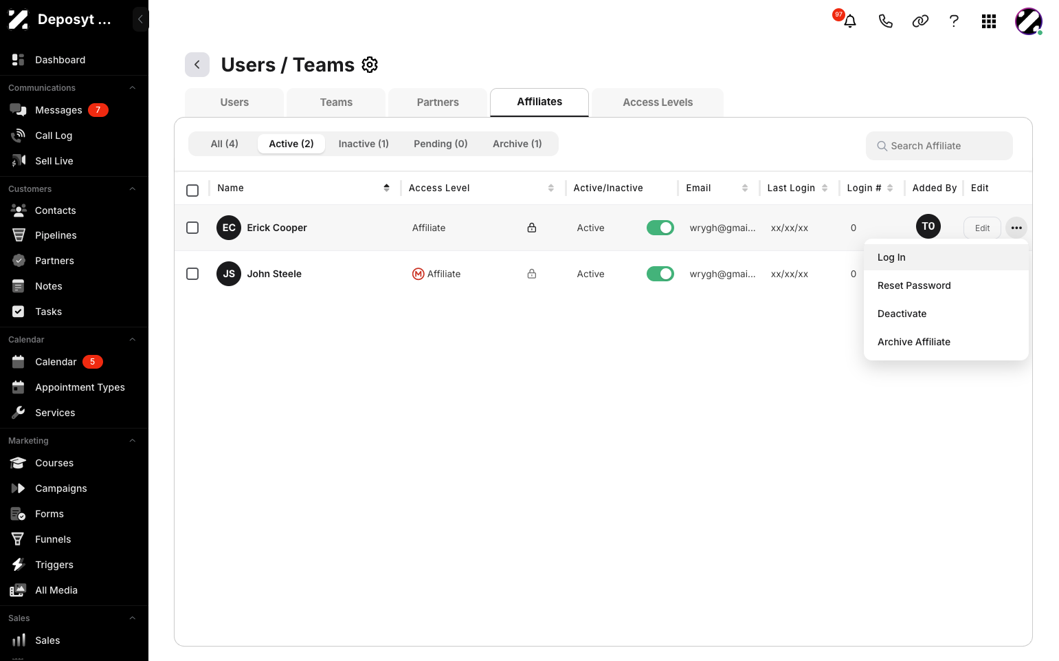 Step 5: Click the three-dot menu button for the user you want to update. A pop-up menu will appear, where you can Log in as that user, Reset Password, Activate or Deactivate, and Archive Partner.