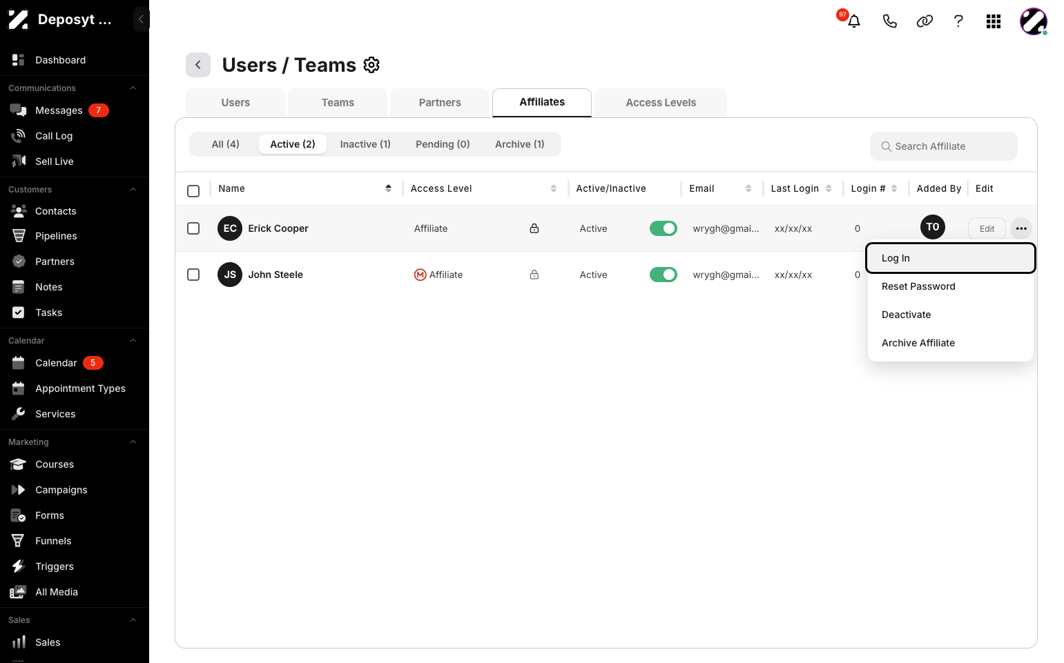 Step 5: Click the three-dot menu button for the user you want to update. A pop-up menu will appear, where you can Log in as that user, Reset Password, Activate or Deactivate, and Archive Partner.