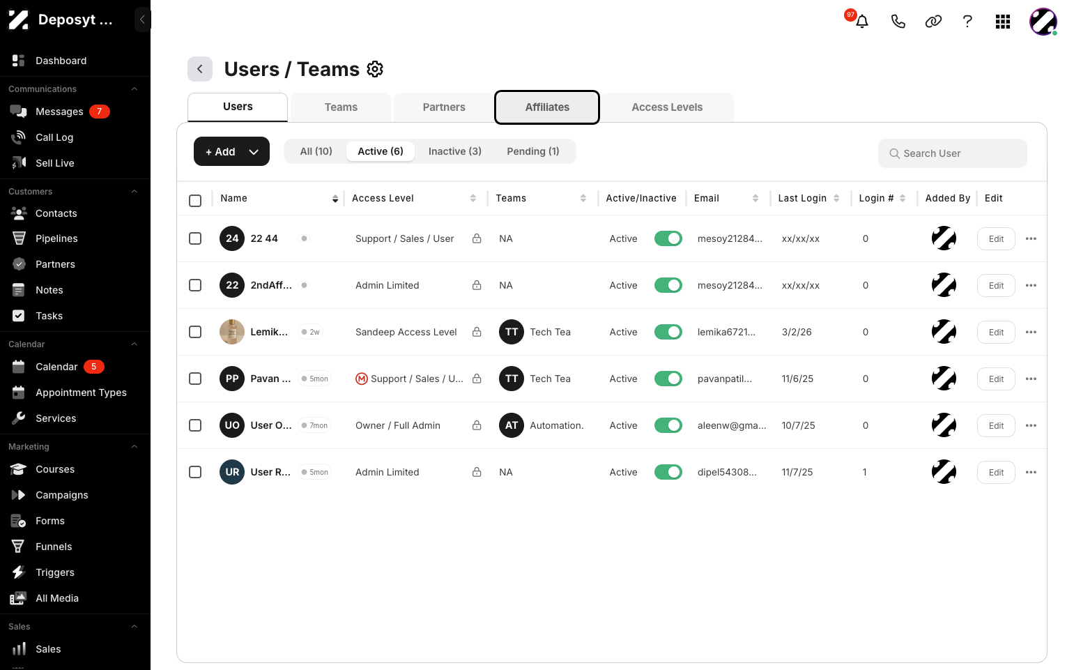 Step 4: Click on the Affiliates tab to view and manage the Affiliates section.