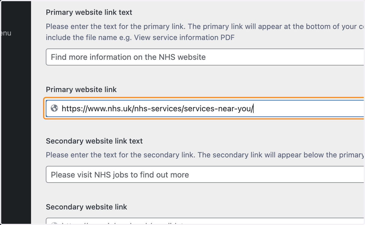 The Primary website link box with "https://www.nhs.uk/nhs-services/services-near-you/" typed.