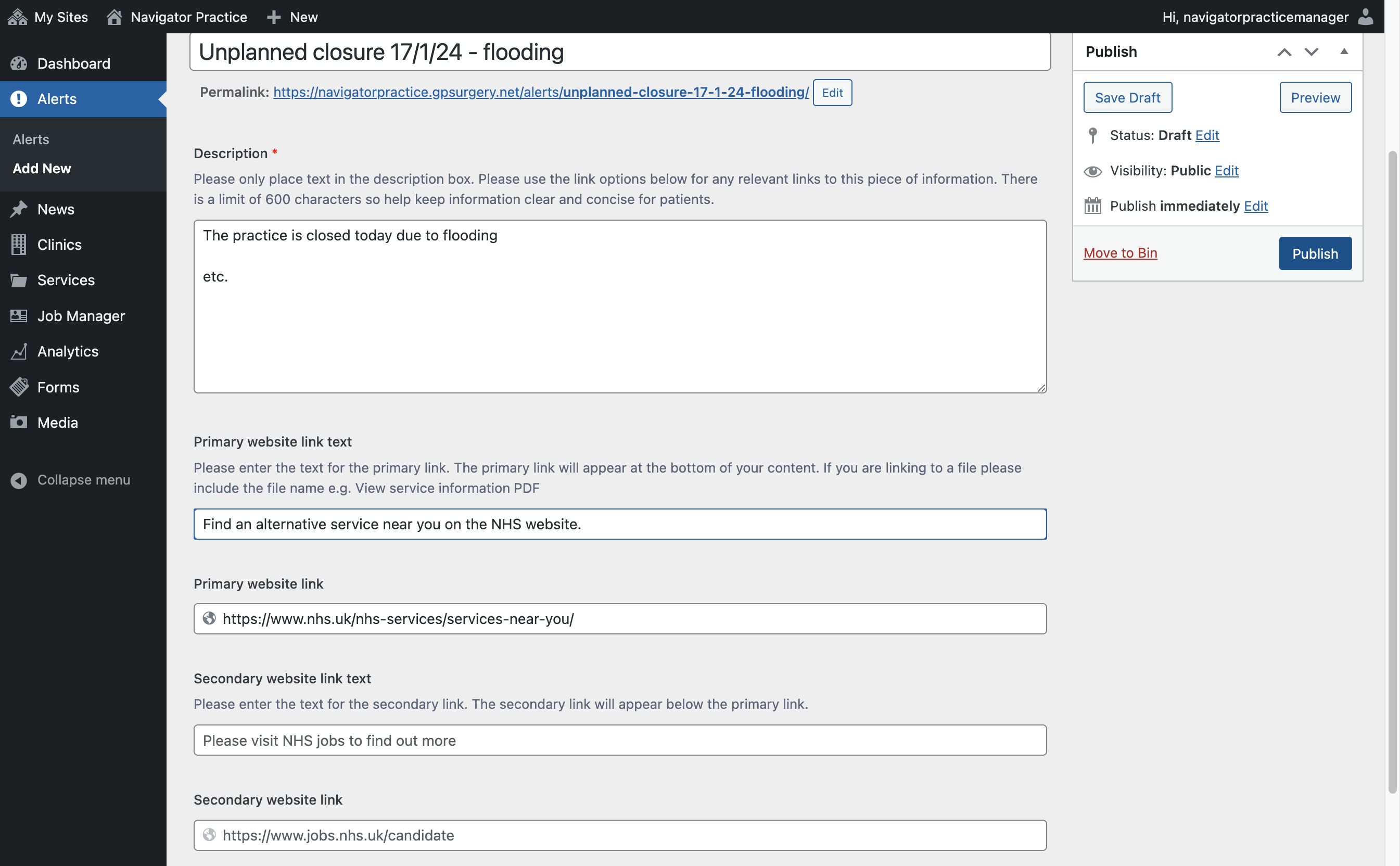 The Primary website link text box with "Find an alternative service near you on the NHS website." typed