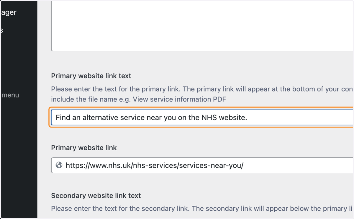 The Primary website link text box with "Find an alternative service near you on the NHS website." typed