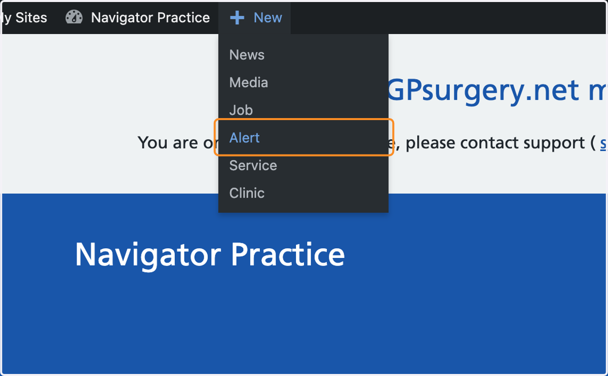 The +New menu with Alert highlighted