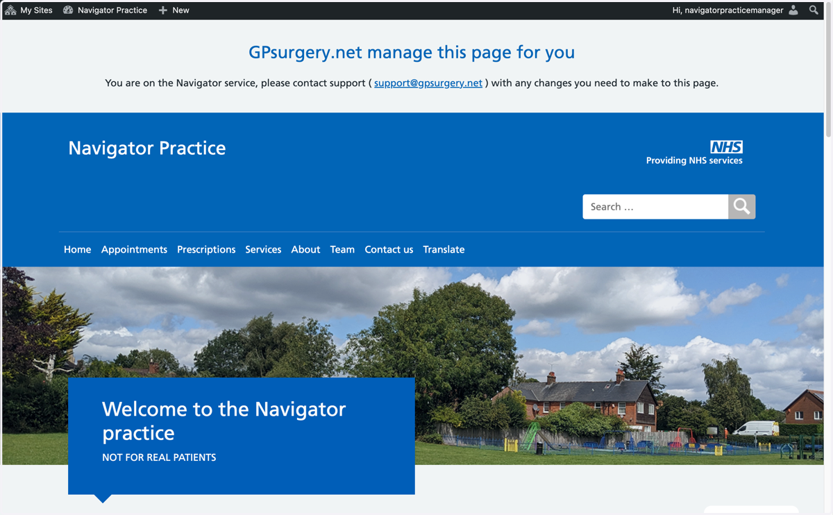 Homescreen of a Navigator website with the admin toolbar showing at the top of the screen