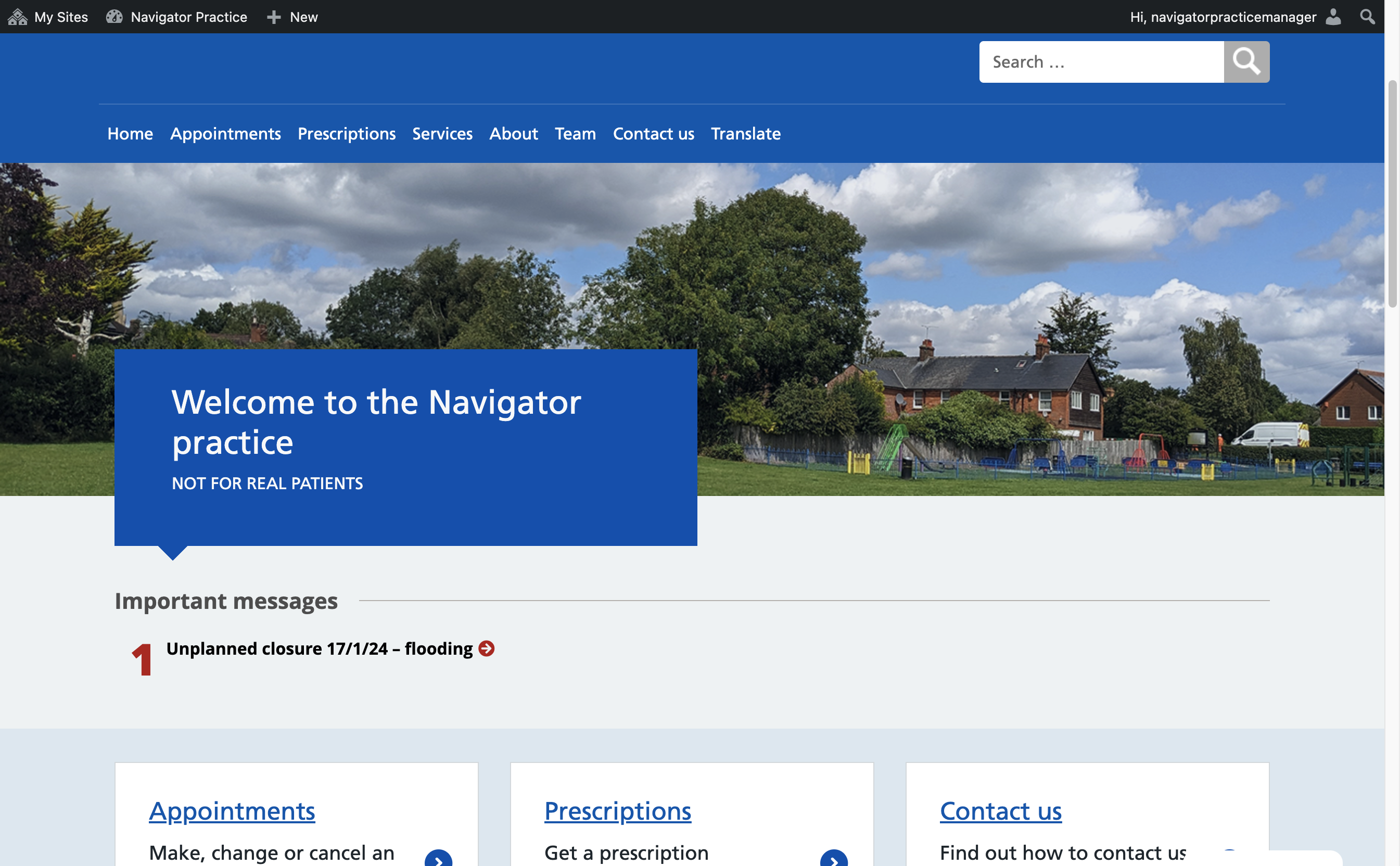 A Navigator website Home page with an Alert showing.