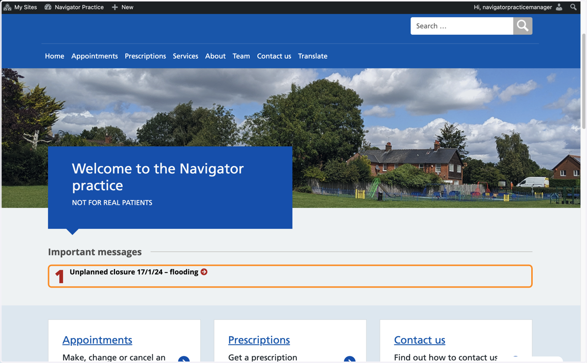 A Navigator website Home page with an Alert showing.