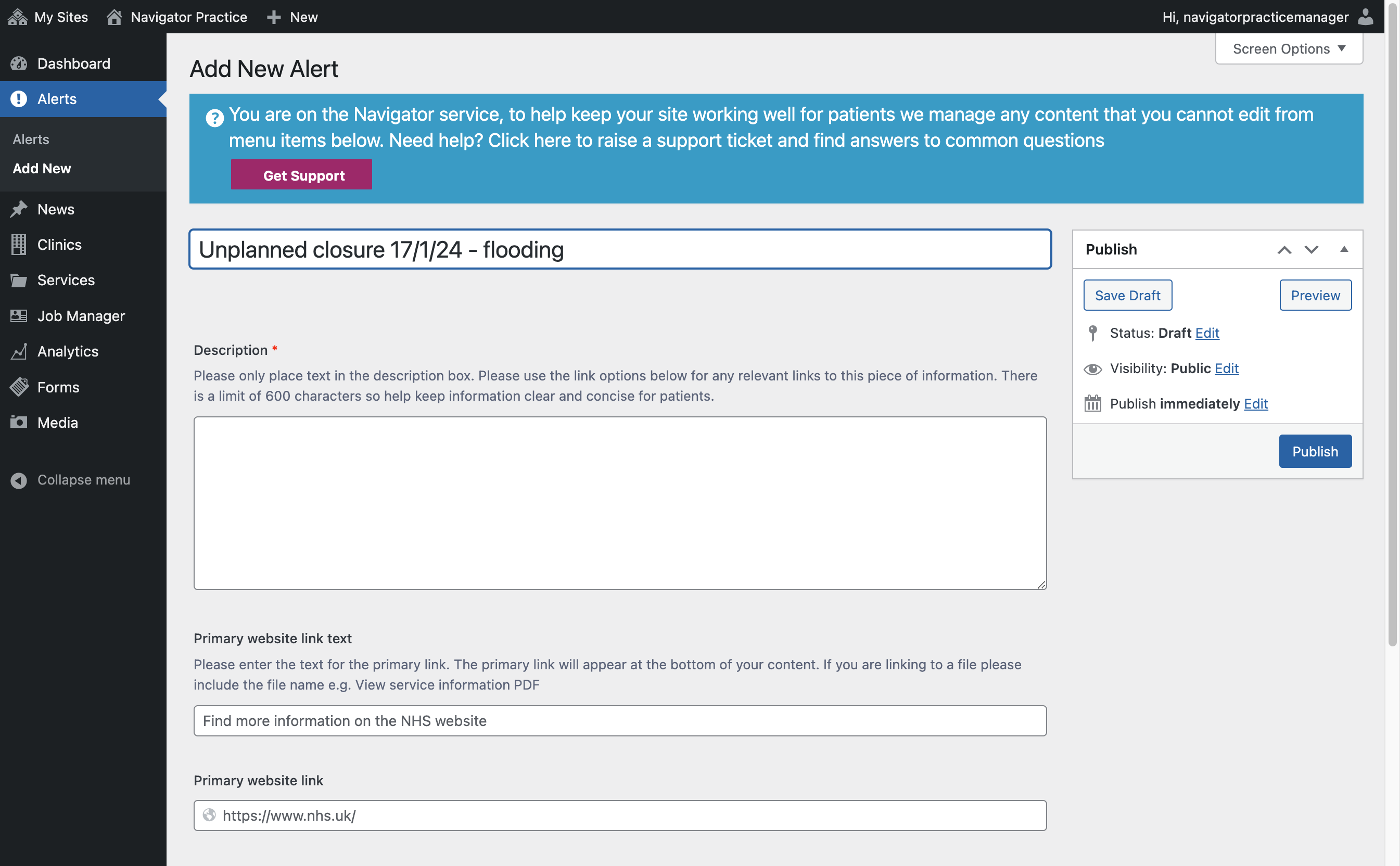 The title box with "Unplanned closure 17/1/24 - flooding" typed