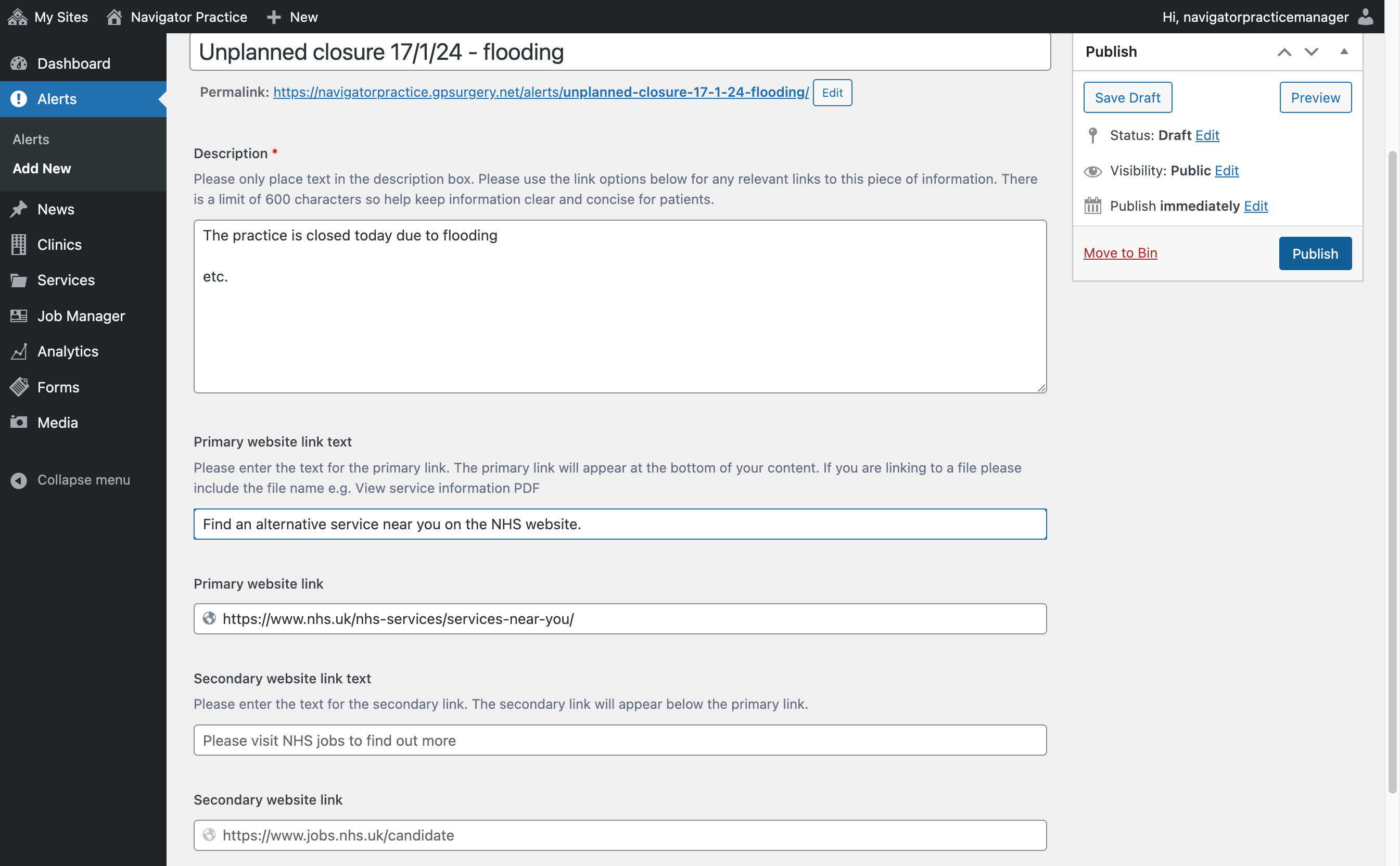The Publish button in the Publish box.