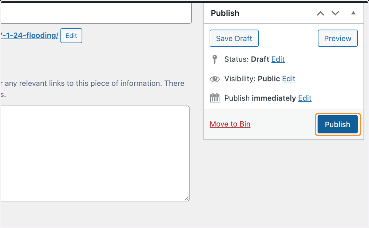 The Publish button in the Publish box.