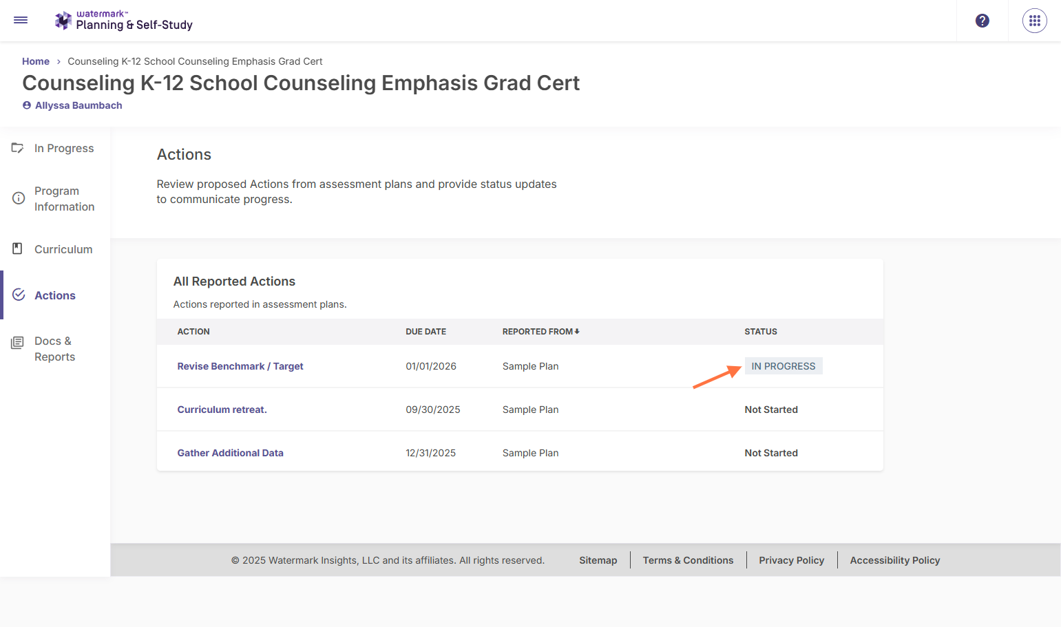 Now you have updated the status of IN PROGRESS shows in the overall list of action items.