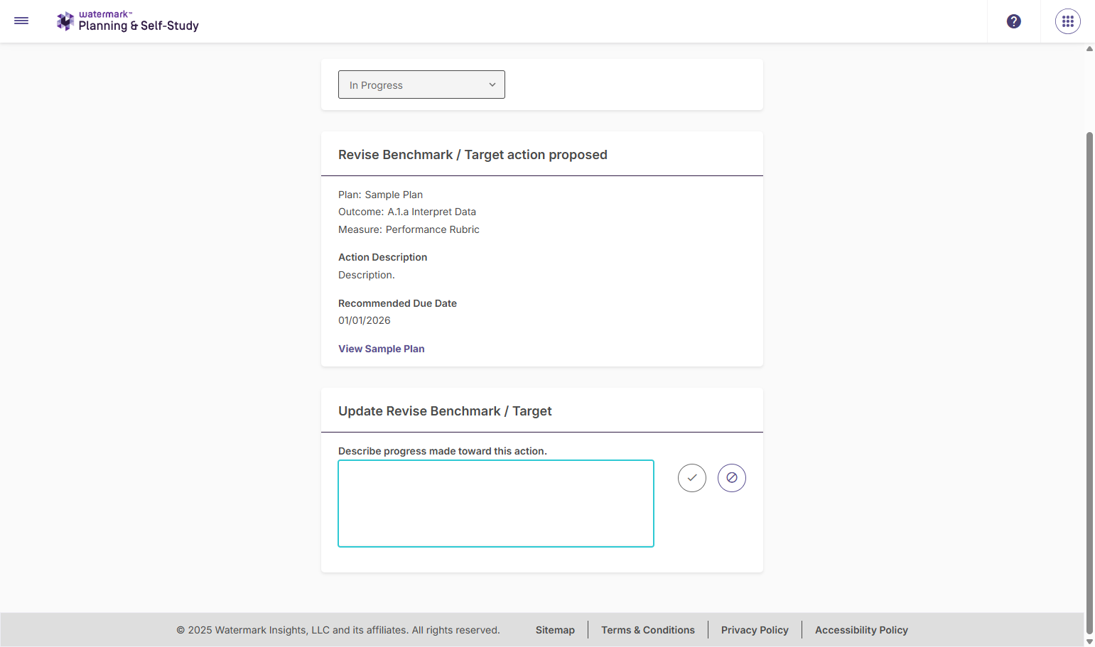 The next screen allows you to describe the progress toward the action.