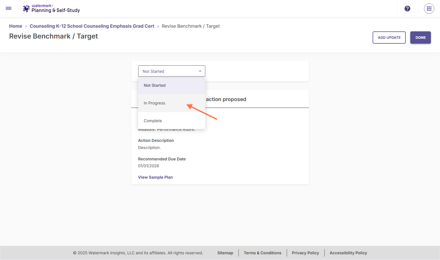 You will then be redirected to another page where you can edit the action details and status.