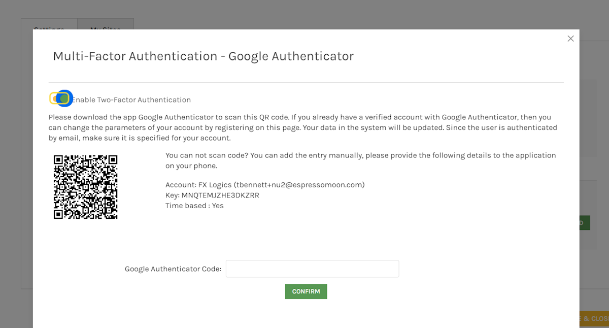 Check switch to enable Two-Factor Authentication.
