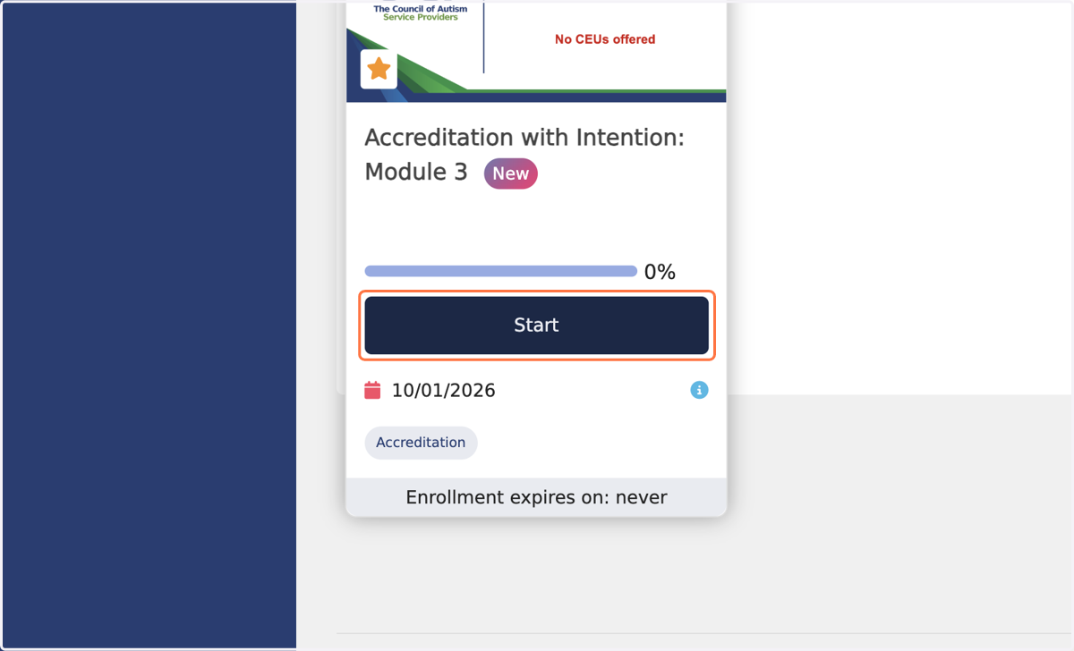 To begin the course you have purchased, click "Start"