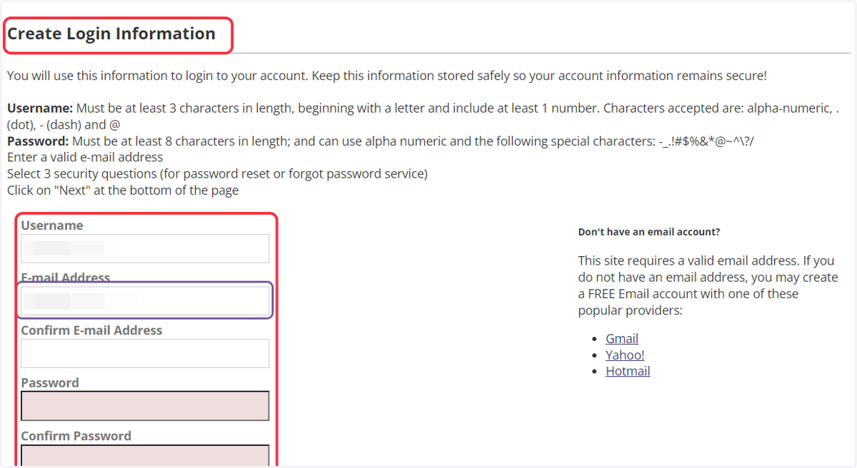Type (and confirm) E-mail address connected with account, then retype to confirm. Choose a password according to instructions.
