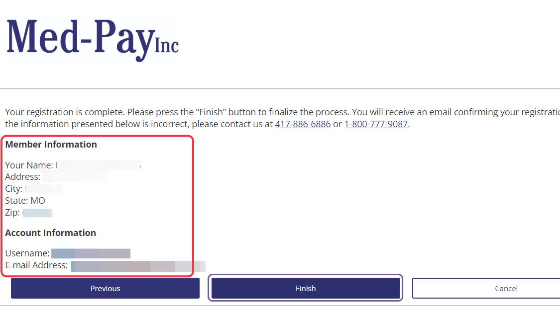 Verify the Member Information then choose "Finish"